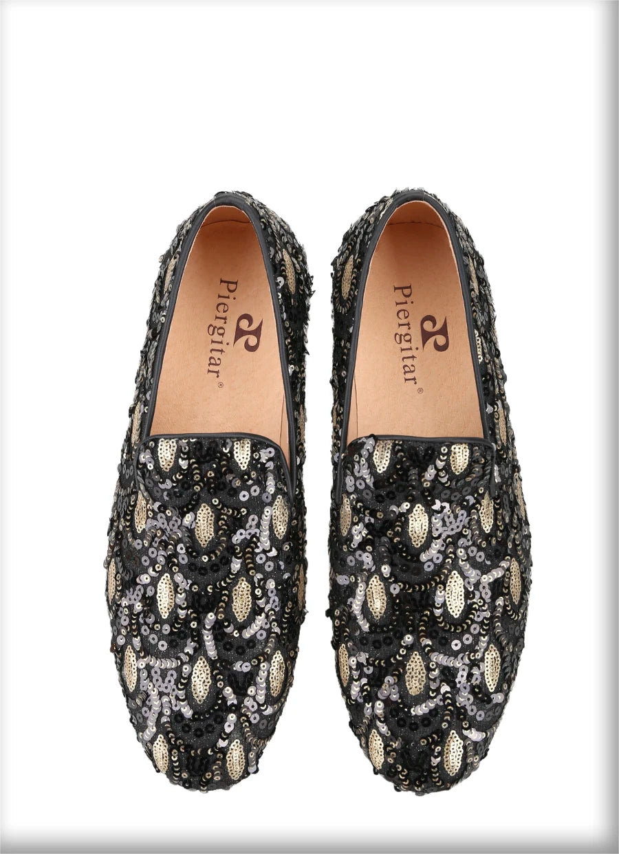 Mens smoking slippers handmade with leather insoles and gold and black glitter beads