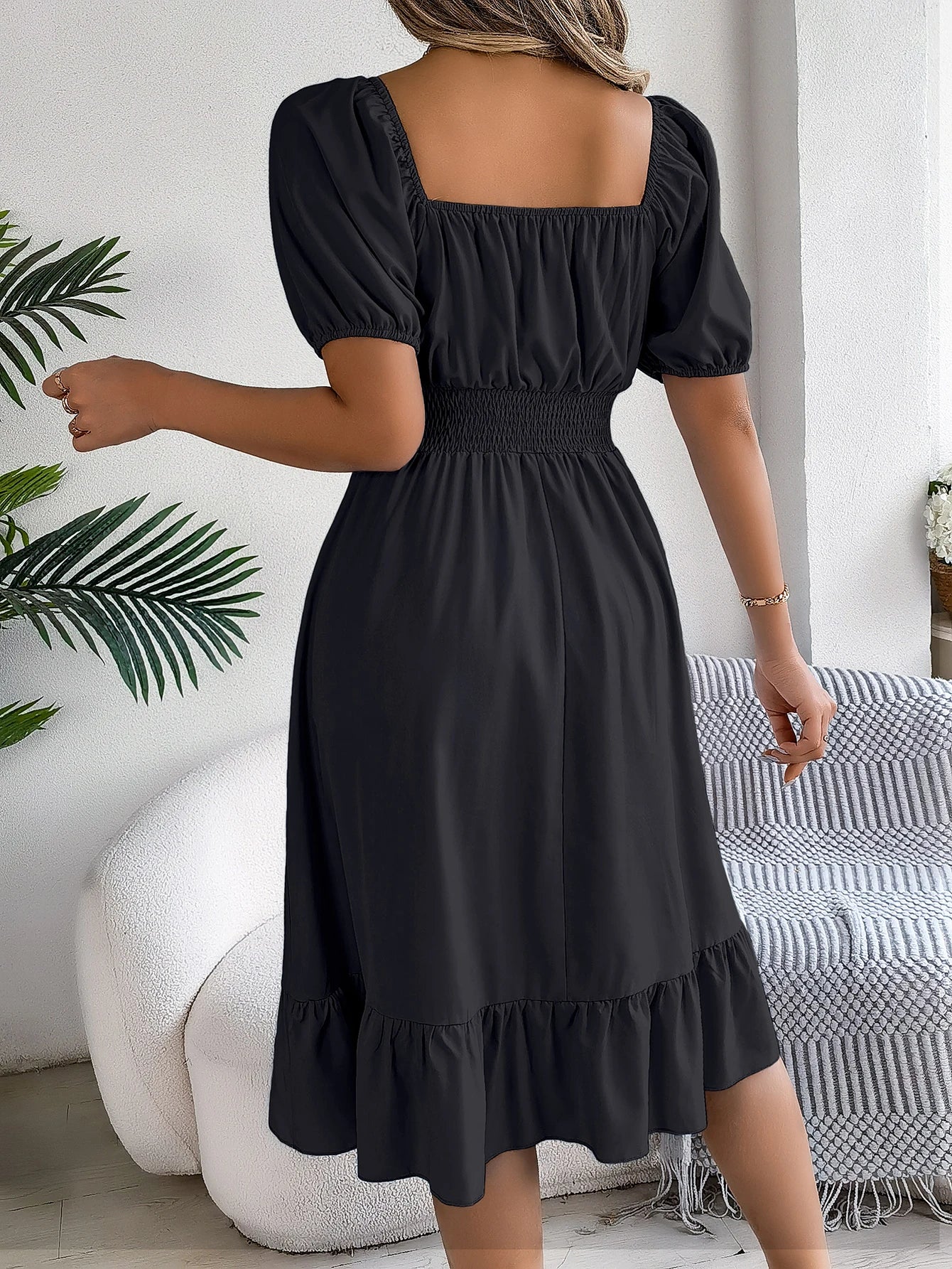 2024 New Fashion Solid Puff Sleeve Square Neck Ruched Bust Ruffle Hem Wasit Dress, Women's Clothing