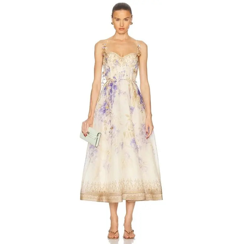 2025 New French High Quality Luxury Chic Dress Appliques Floral Print Spring Summer Strapless Women Holiday Spaghetti Midi Dress