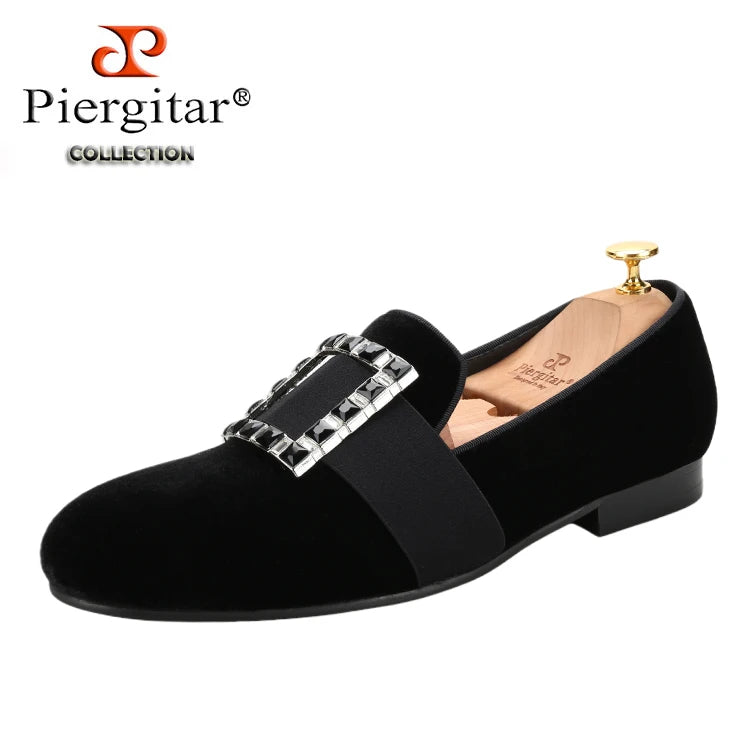 Piergitar Black And Silver Rhinestones Square Buckles Men Velvet Shoes For Wedding Or Party Handmade Slip-On Loafers Plus Size