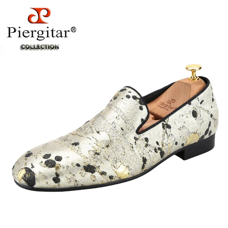 Piergitar Gold Color Ink Embossed Silk Men's Loafers Slip-On Model Handmade Moccasins For Wedding Breathable Leather Insole
