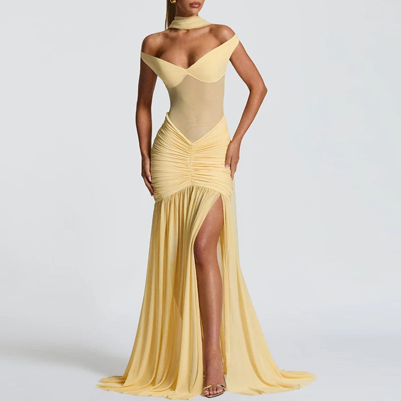V-Neck Off Shoulder High Side Split Dress