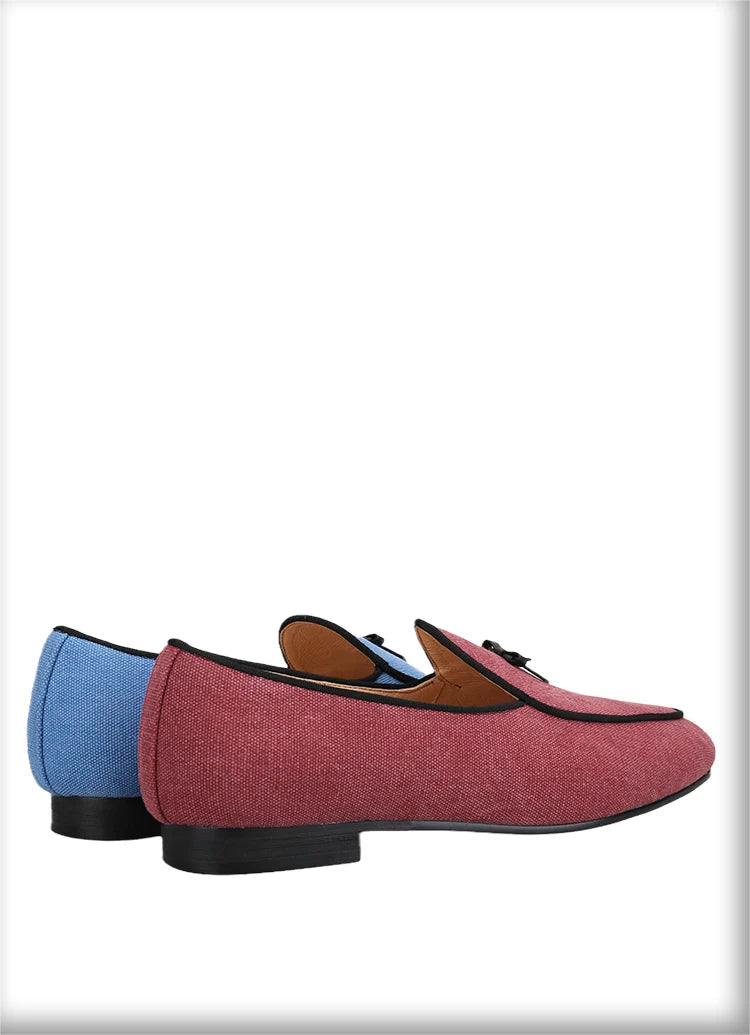 Three Colors Raw Canvas Belgian loafers with Calfskin Bows, Handmade Slip On Classic Mens Smoking Slippers