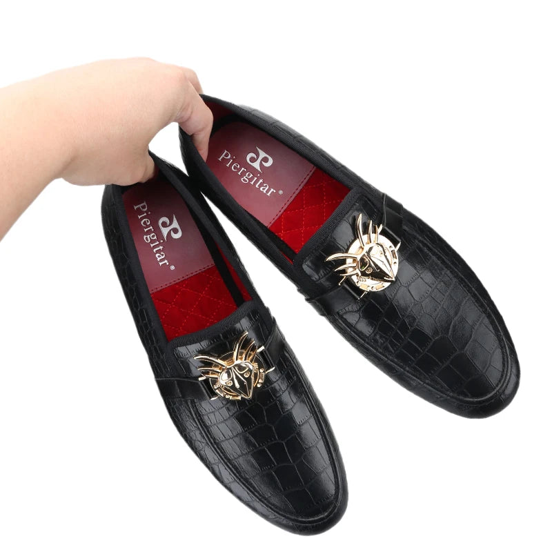 Black Cow Leather Men Smoking Loafers Fashion Metal Buckle Handmade Slide-On Loafers Wedding And Party Plus size