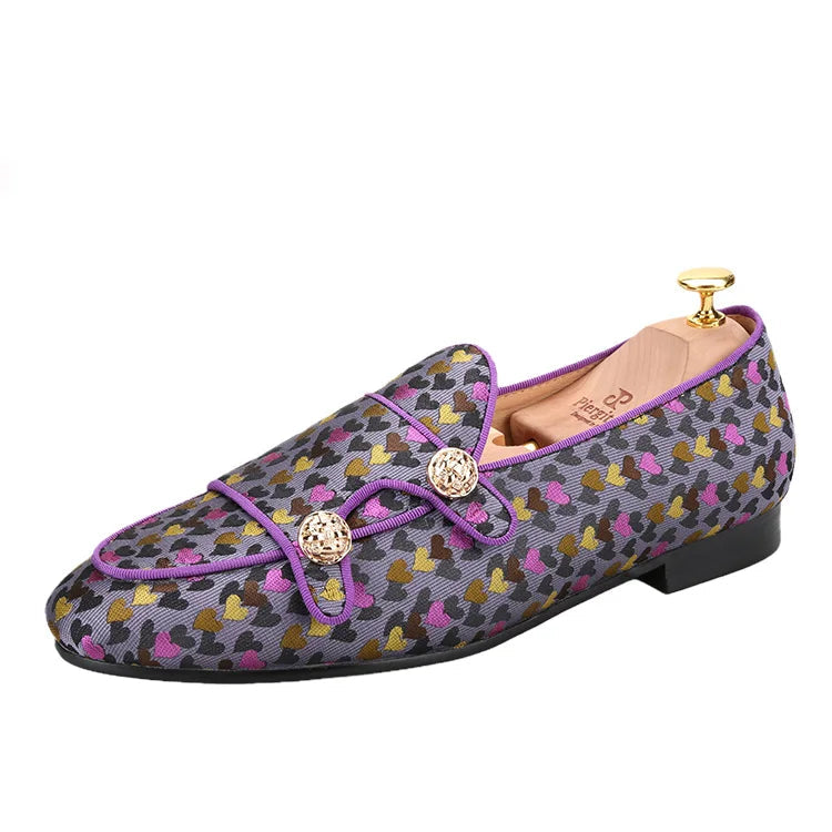 Men's slip-on monk shoes with gold buttons and a violet color silk heart jacquard, made by hand.