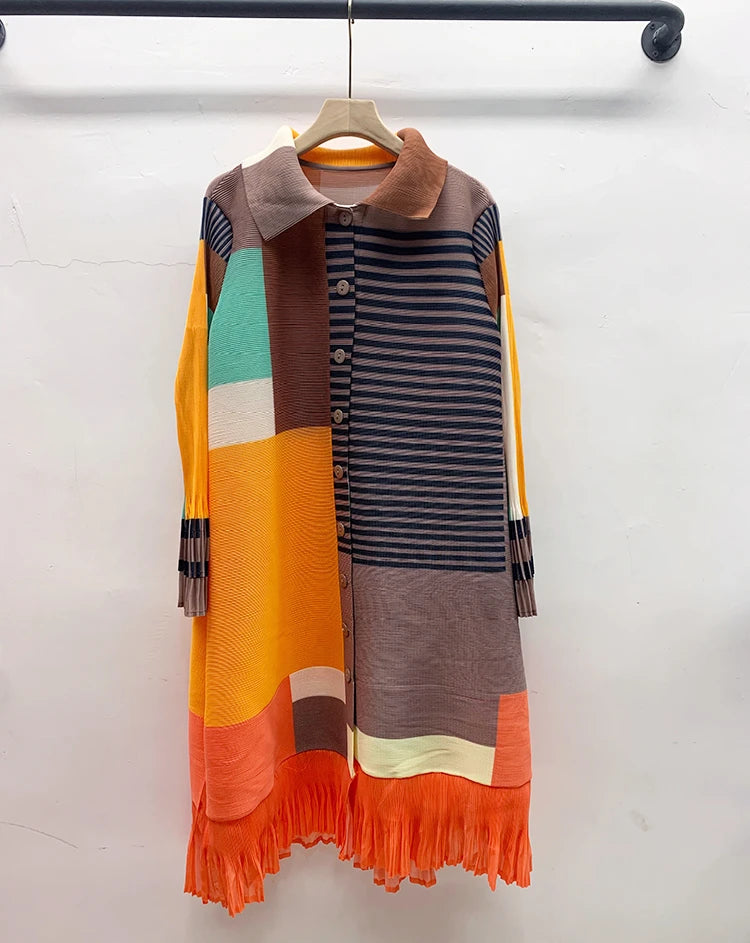 Miyake Women's Color Matching Dress, Autumn and Winter New Fashion Print Pleats, Medium Length, Loose Length Skirt