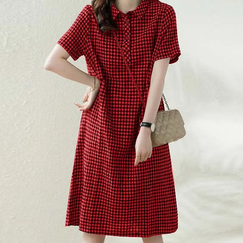 ZANZEA Women Plaid Long Shirt Dress 2024 Summer Short Sleeve Midi Dress Fashion Office Lapel Neck Robe Casual Loose Lady Vestido