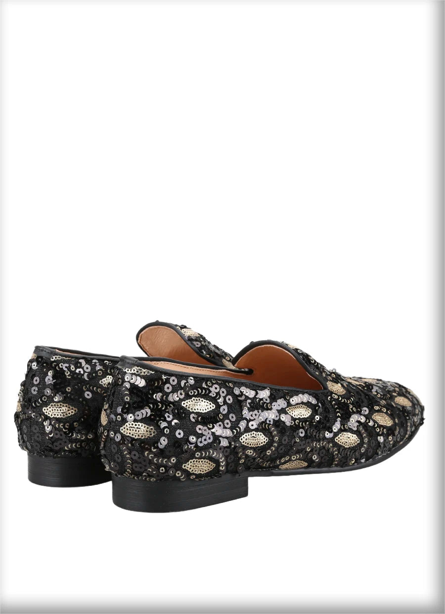 Mens smoking slippers handmade with leather insoles and gold and black glitter beads