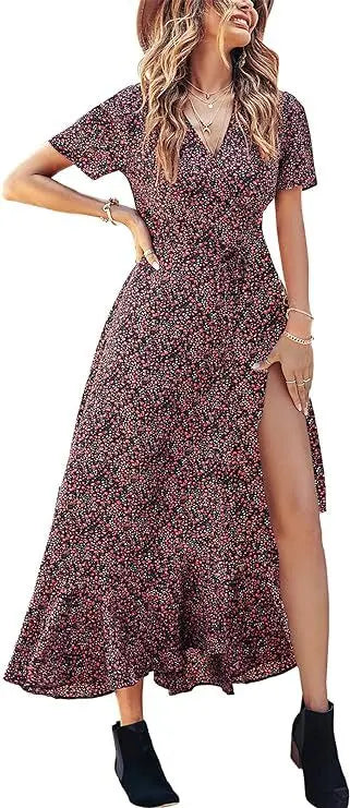 2025 Summer Women's Short-sleeved Dress V-neck Floral High Waist Slim and Stylish Bohemian Pleated Long Skirt
