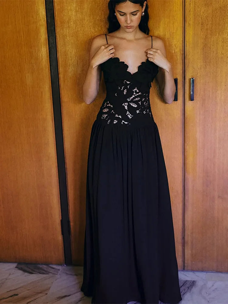 Women's Sleeveless High Waist Pleated Hollow Lace Dress
