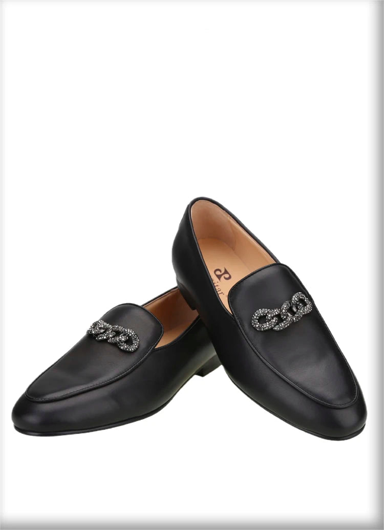 New Style Men's Loafers with Rhinestone Buckles for Weddings and Parties Handmade Genuine Leather Smoking Shoes