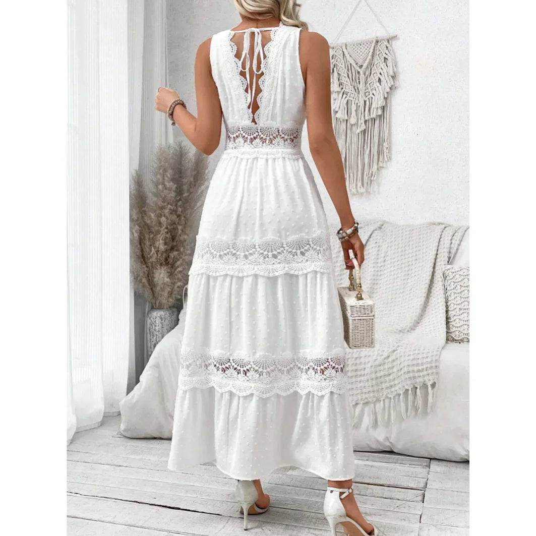 Women's Lace Stitching V-neck Sleeveless Dress High Waist White Ankle Length Sexy Long Dress