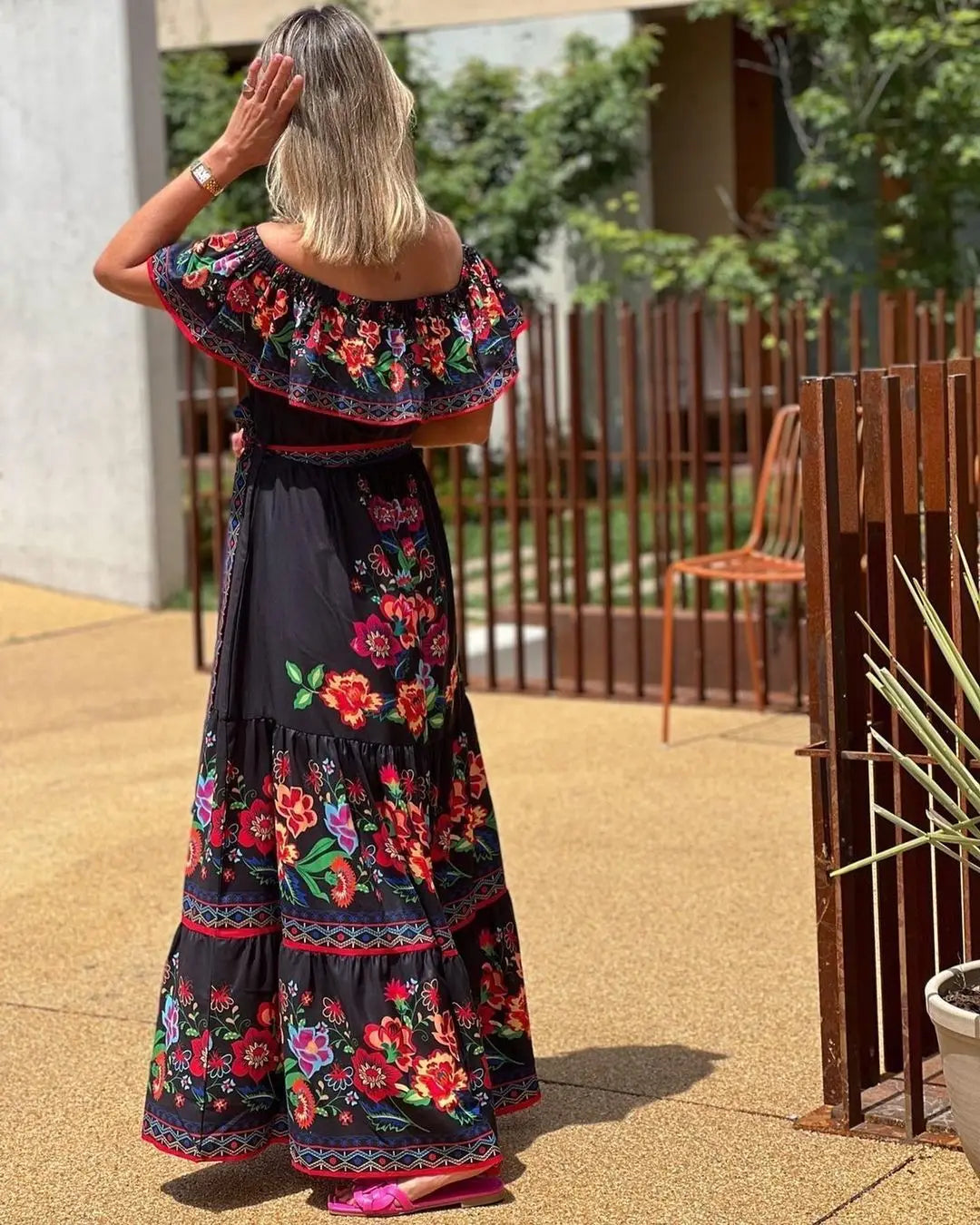 2024 Spring/Summer New Women Retro Fashion One Shoulder Red Flower Printed Waist Collection Long Style Large Swing Casual Dress