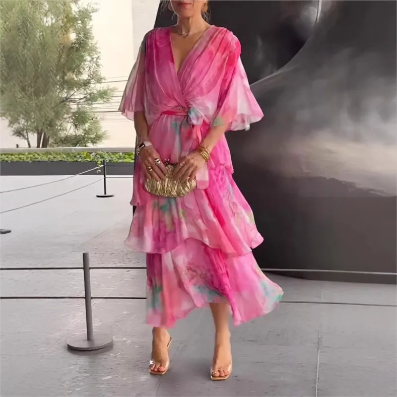 2025 Summer New Elegant Women's Chiffon Dress Fashionable Printed V-neck Short-sleeved Layered Ruffle Loose Lace-up Long Skirt
