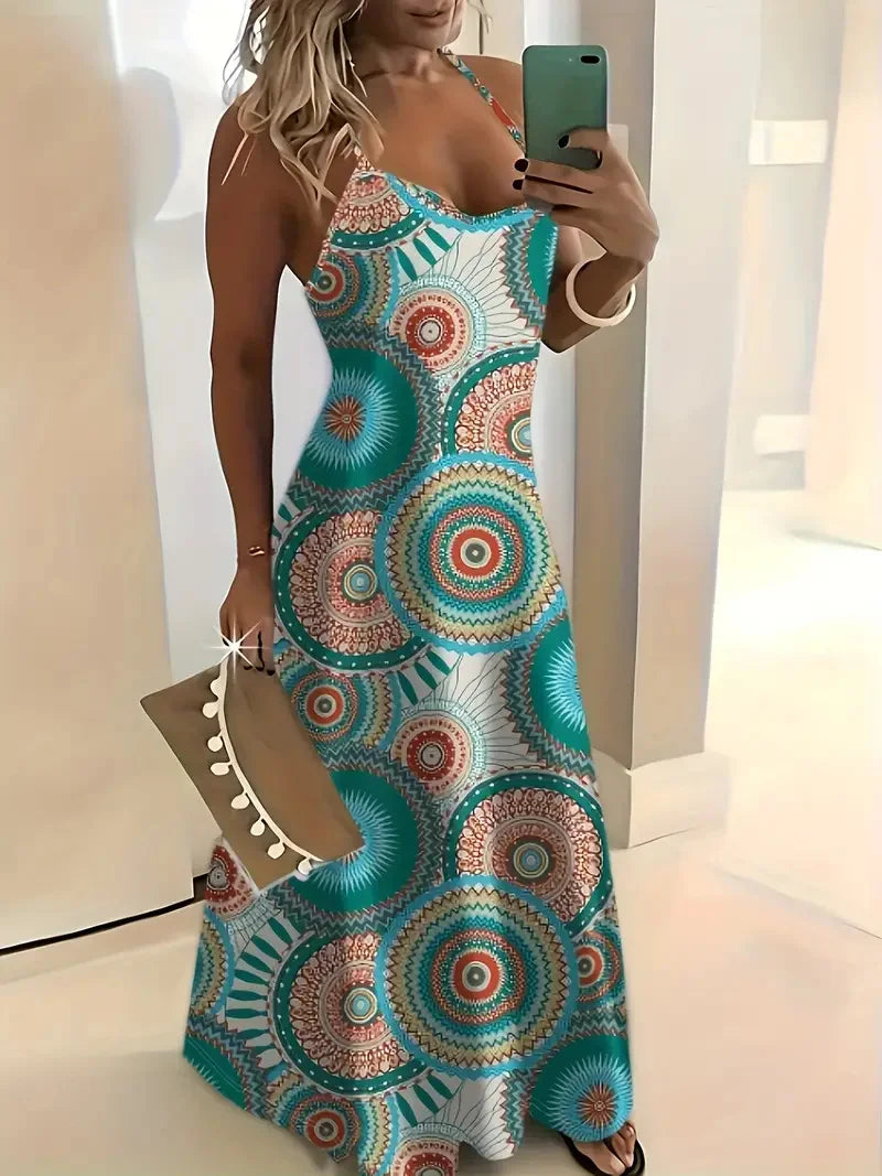 Summer Fashion Loose Women's Long Dress Colorful Botanical Flower Print V-Neck Print Casual Long Dress Bohemian Beach Dress