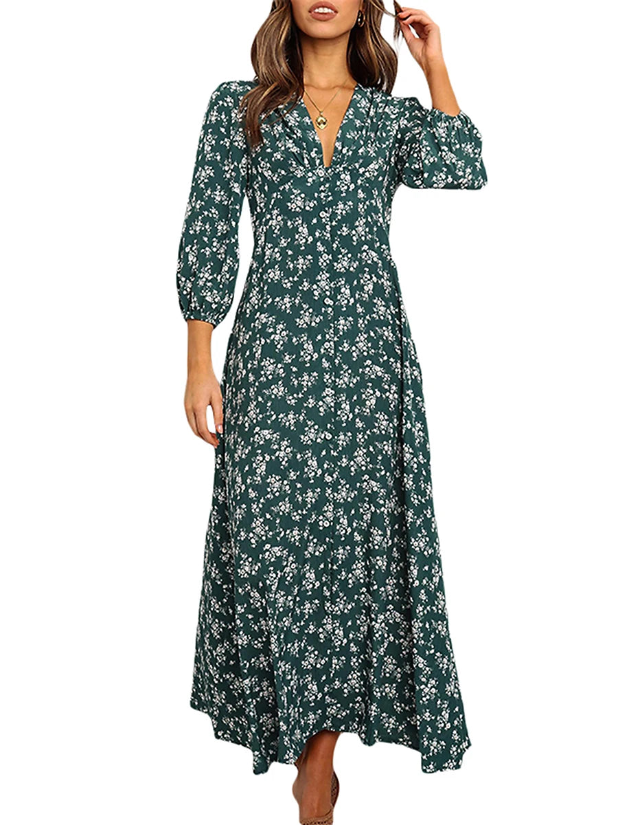 Women's Summer Bohemian Floral Print Long Maxi Dress Retro 3/4 Sleeve V-Neck Button Down High Waist Sundress Streetwear