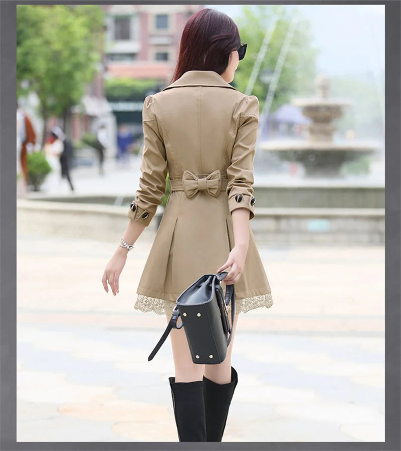 2025Spring Autumn New Windbreaker Coat Women Fashion Slim Mid Long Lace Trench Coat Female Casual Double-breasted Outerwear Tops