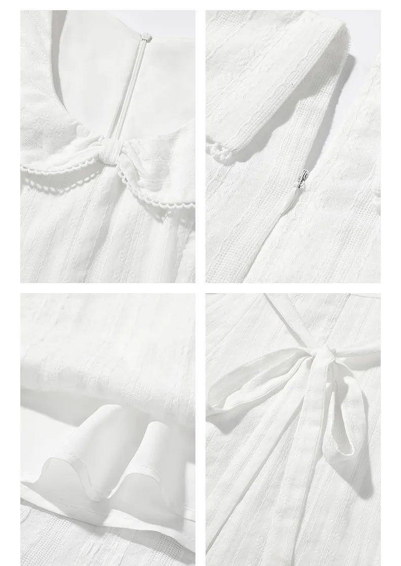 White Bow Jacquard Sundress Women Sweet Summer A-Line Dress with Tie Straps Petite Fit Flowy Midi Dress Cute Vacation Daily Wear