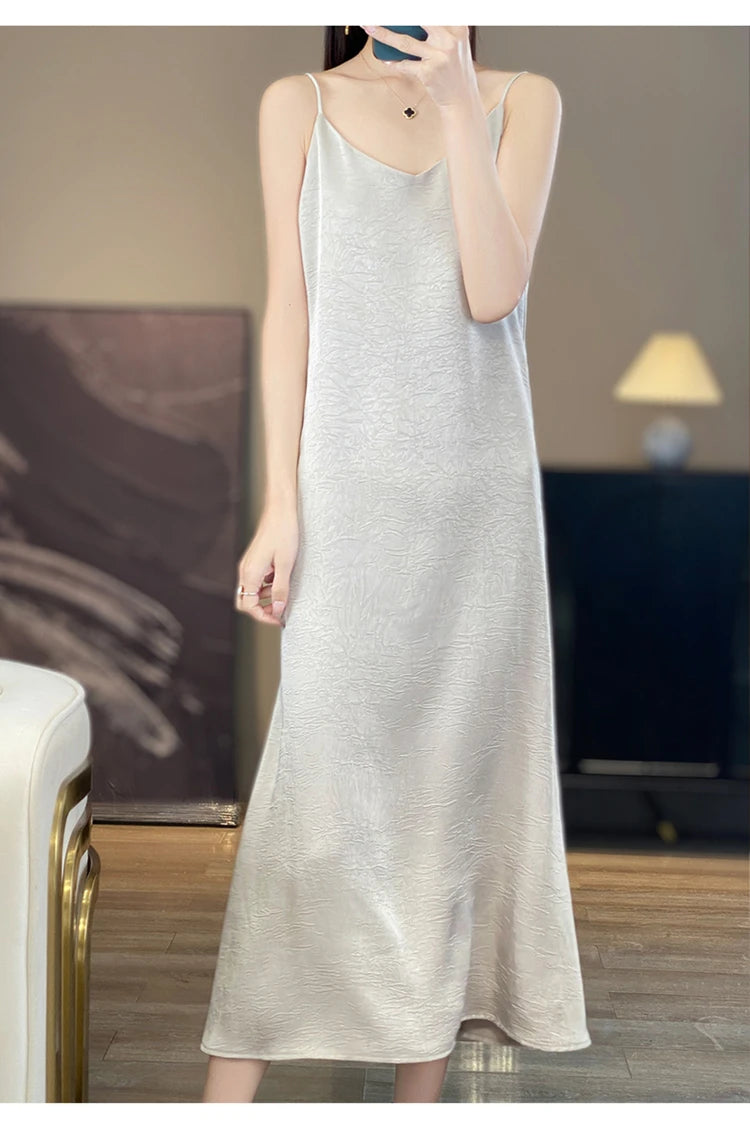 2025 New 100% Anti Wrinkle Mulberry Silk Strap Dress for Women's Summer New Loose Long Skirt