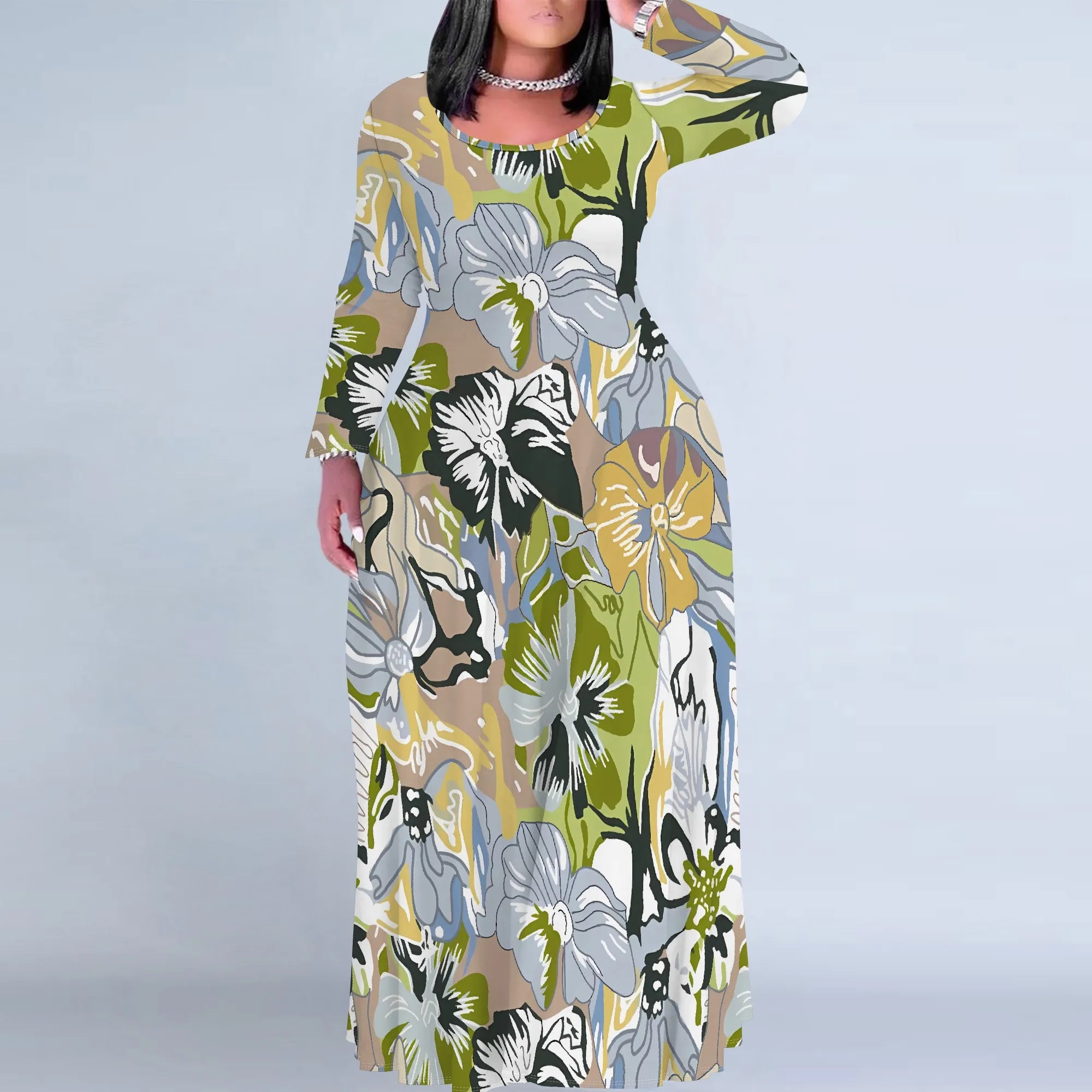 Plus Size Green Floral Print Maxi Dress Long Sleeve Comfortable Everyday Look