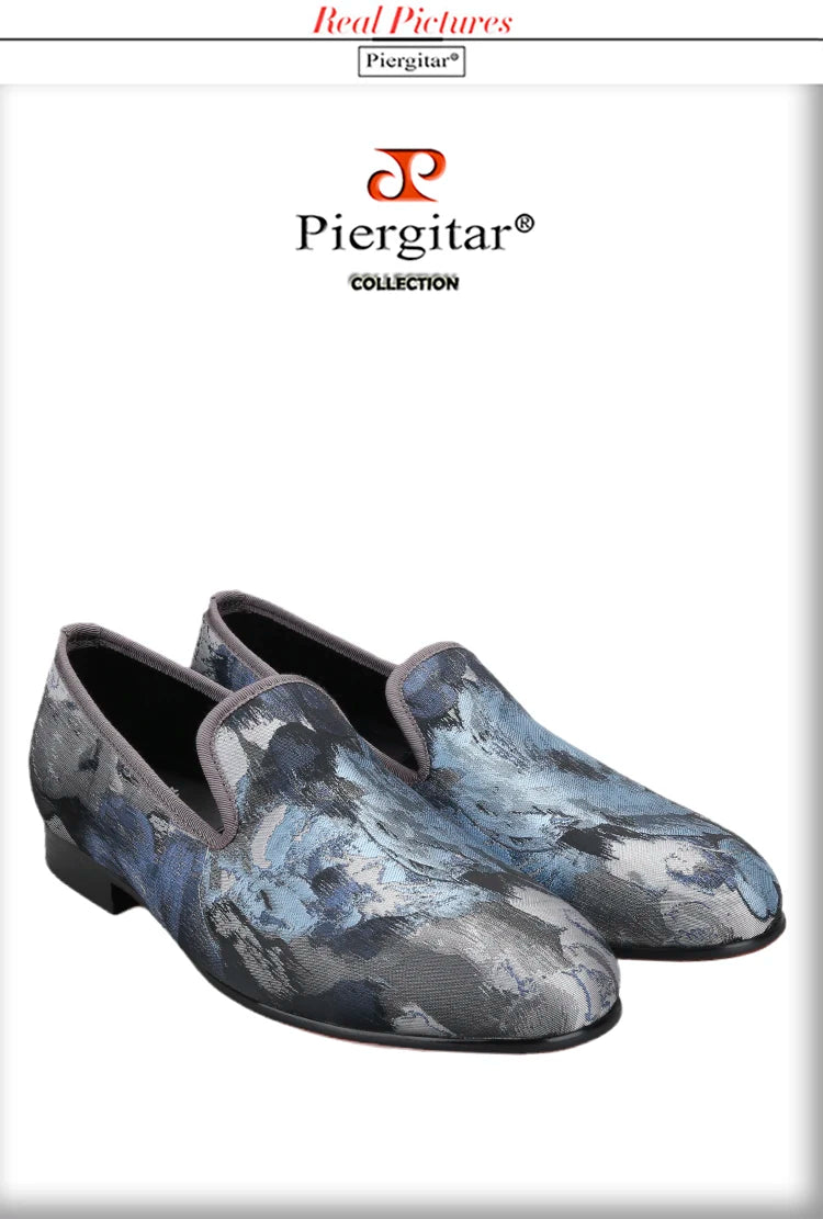 Piergitar 2023 New Abstract Printed Cotton Men's Loafers For Party Handmade Slip-On Moccasins Red Outsoles Smoking Slippers