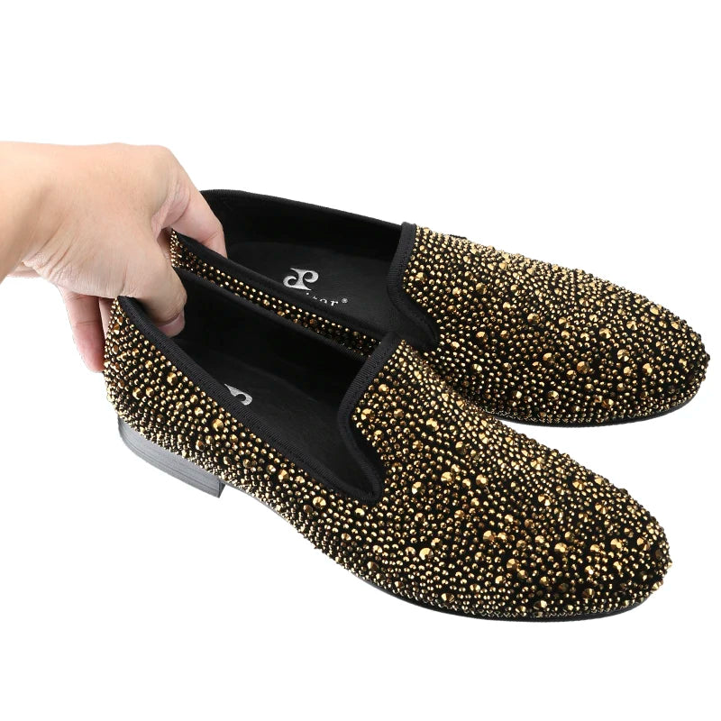 Piergitar 2024 Gold Crystals On Black Suede Slip-on Smoking Slippers Handmade Men's Loafers For Luxury Evening Party And Prom