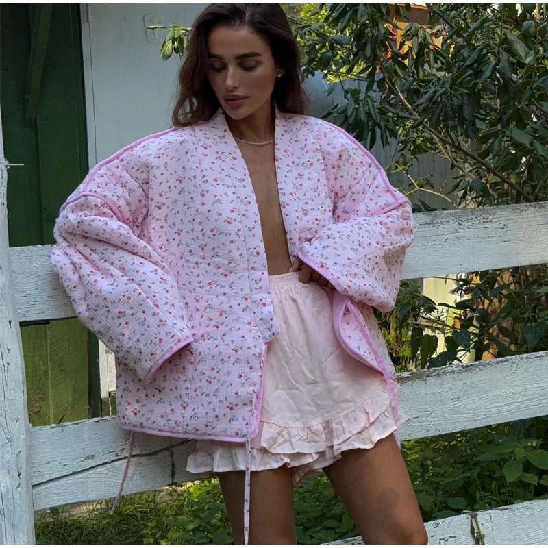Floral Printed Women's Cardigan Cute Lace up Pink Women Coat Casual Loose Autumn Warm Coats Fashion New Ladies Coats Outerwear