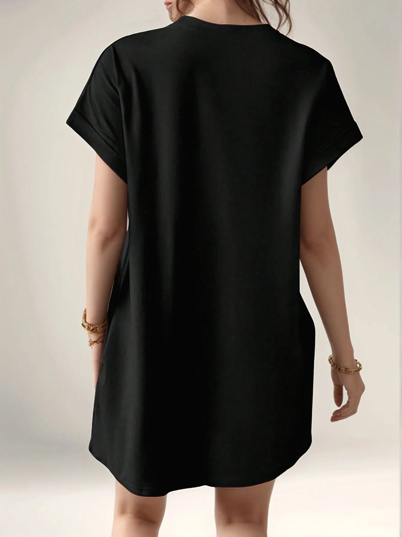 2025 European and American new casual solid color round neck bat sleeve invisible pocket loose short sleeved dress