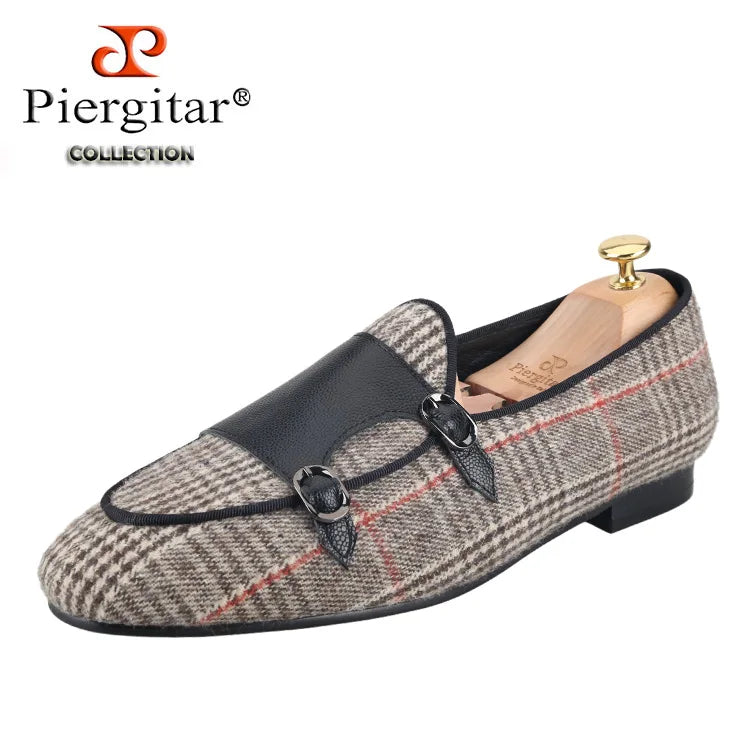 Piergitar 2024 Summer Style Plaid Cotton Men's Loafers Handmade Stitching Metal Buckle Monk Slippers Breathable Leather Insole