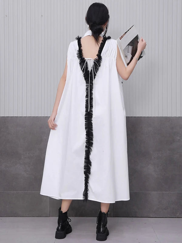 Front Pocket New 2025 Summer Korean Style Woman Black Sleeveless Shirt Dress Loose Fit Chic Holiday Casual Big Size Robe JKXD003