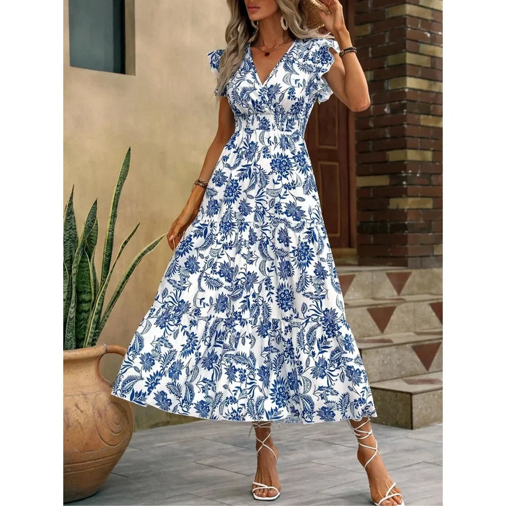 Fashion Women's All-Over Long Sleeved Printed V-neck Dress Comfortable Ankle Length Dress