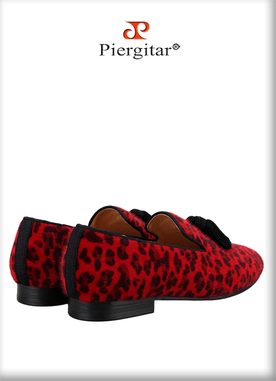 Piergitar Red And Black Animalier-Printed Superior Velvet Slippers With Handmade Silk Fringed Tassels Slip-On Men's Loafers