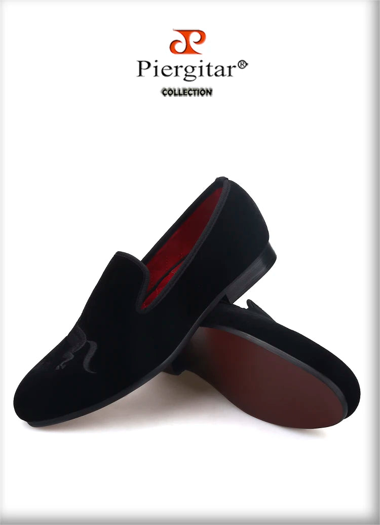 Piergitar High Level Customization Black Velvet Men's Loafers For Party Handmade Horse Embroidery Slip-On Man Smoking Slippers