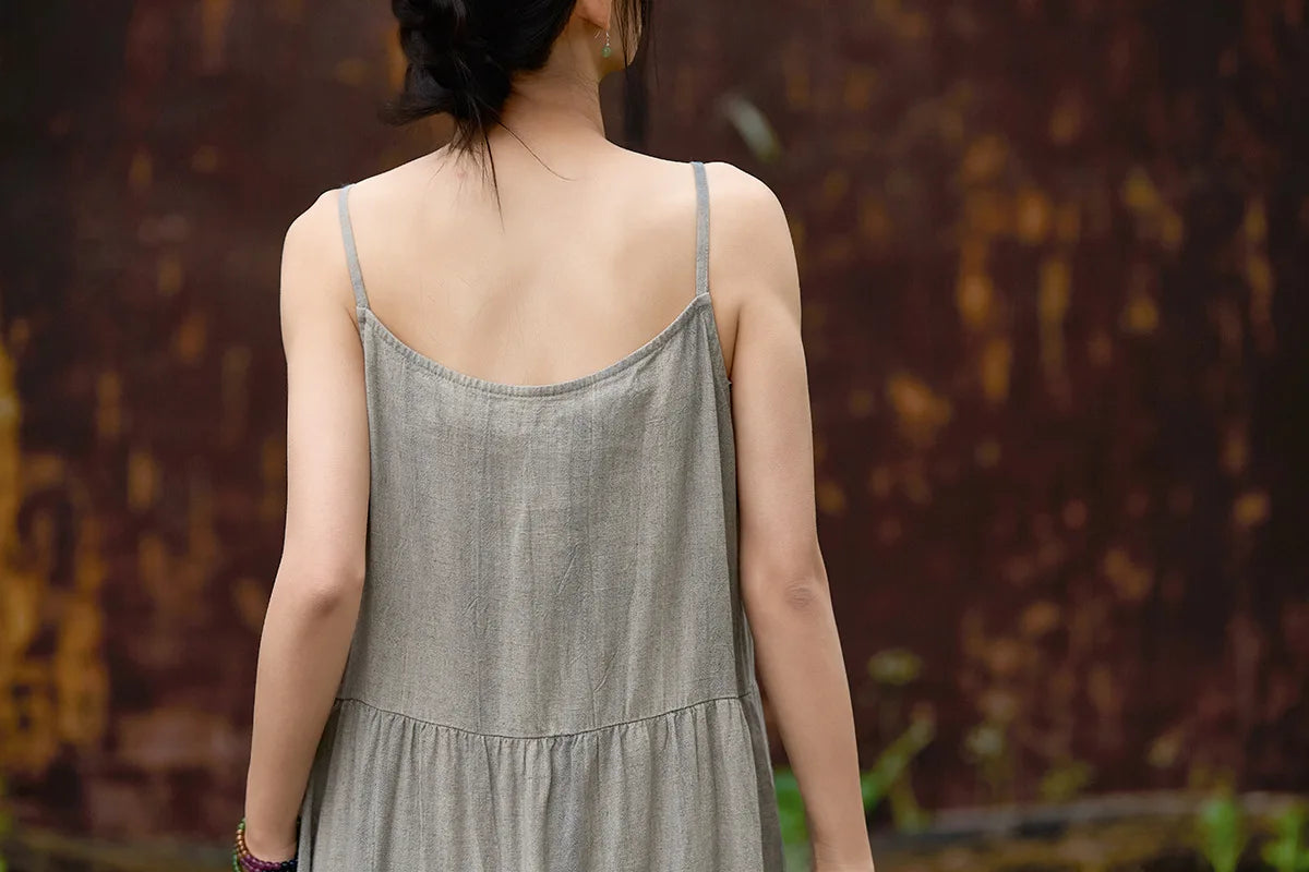 Cotton Linen Long Spaghetti Strap Dress