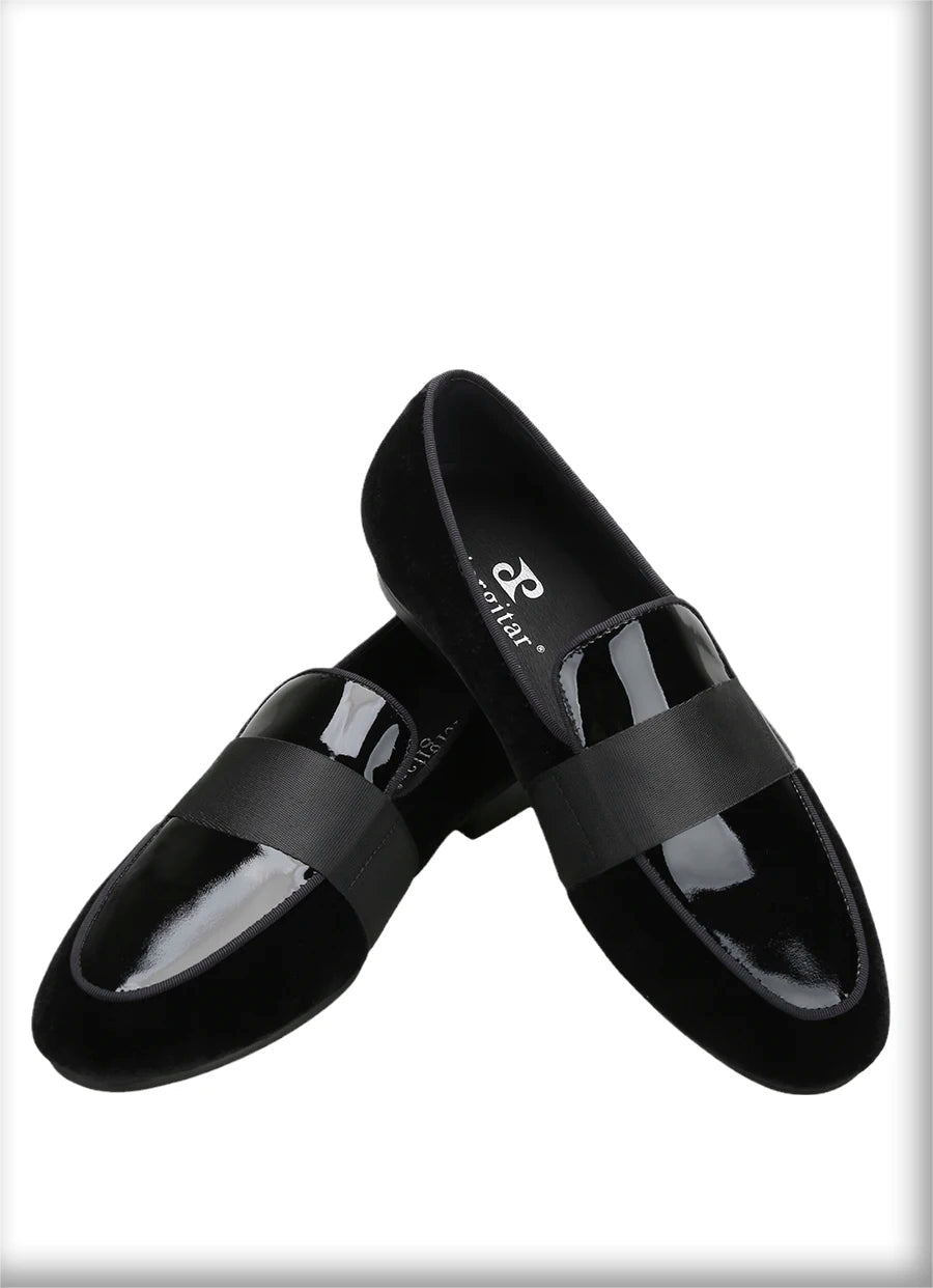 Black Velvet Patent Leather Loafers with Horizontal Band Handmade Flats for Party Formal Suits