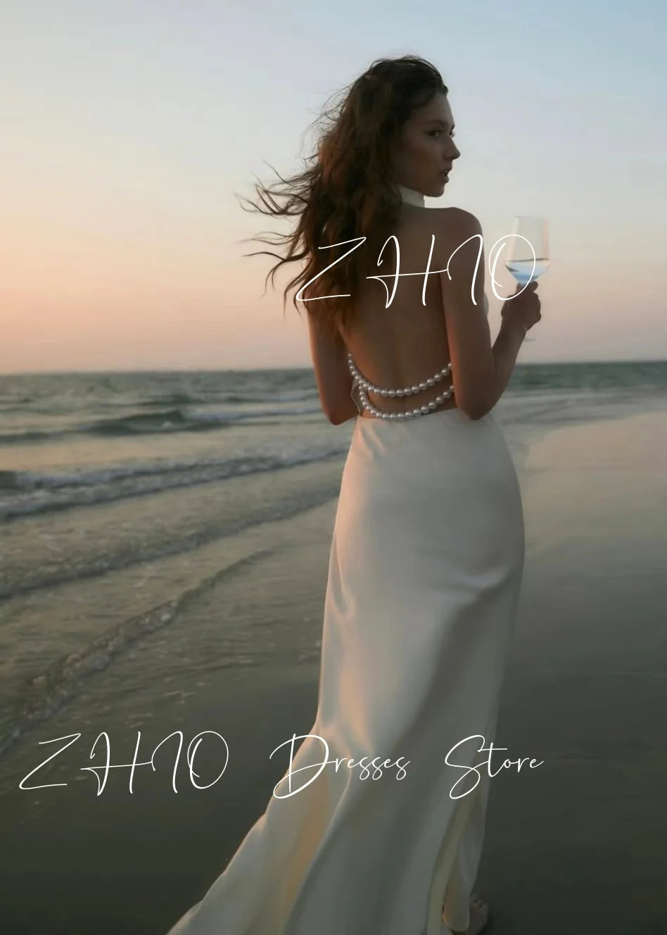 Backless Pearl Halter Ivory Satin Dress