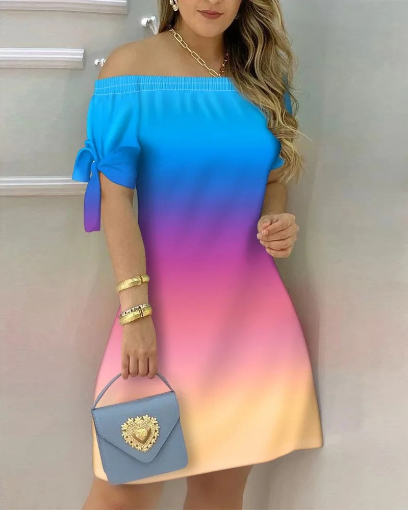 3XL Women's Casual Gradient Off Shoulder Short Sleeve Dress Bow Print Mini Dress