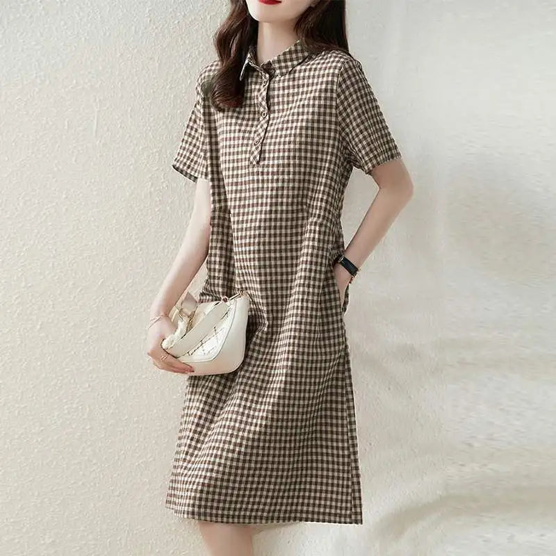 ZANZEA Women Plaid Long Shirt Dress 2024 Summer Short Sleeve Midi Dress Fashion Office Lapel Neck Robe Casual Loose Lady Vestido