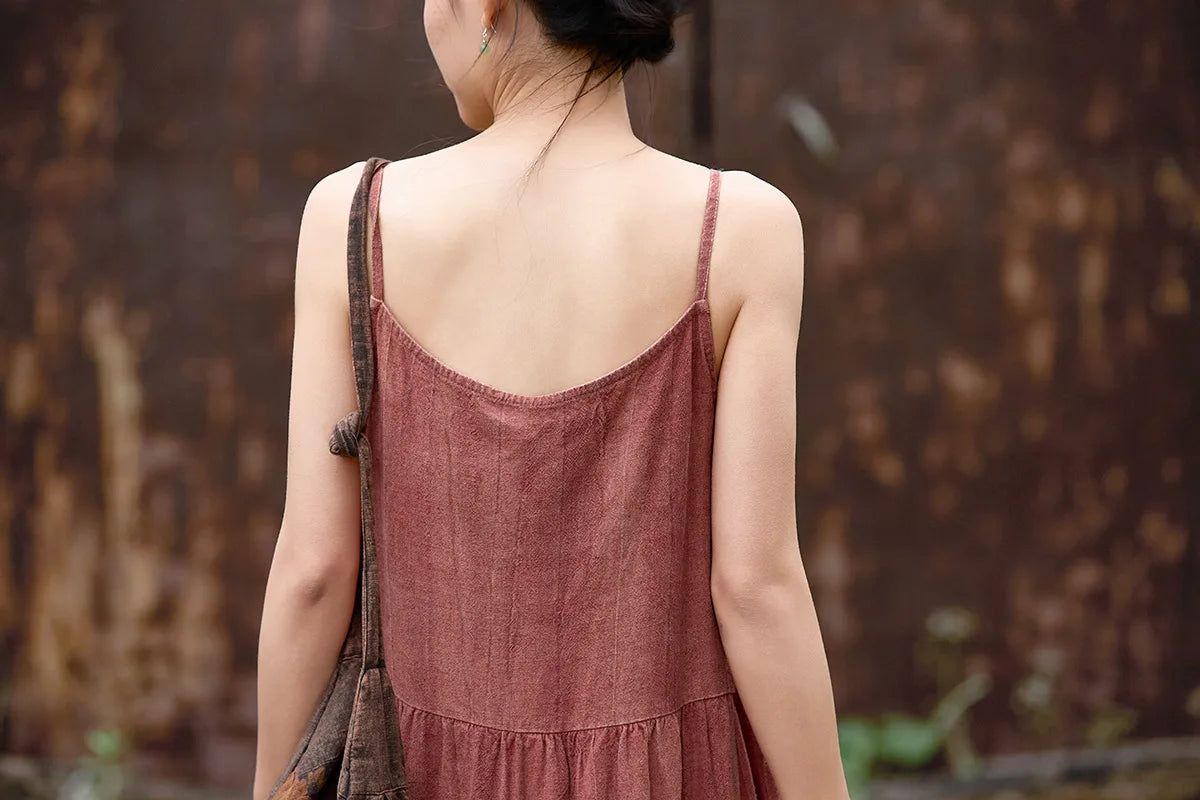 Cotton Linen Long Spaghetti Strap Dress