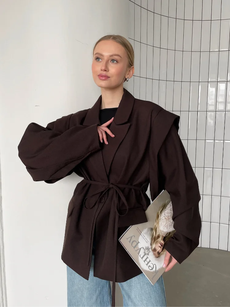 Trendy Lace-up Waist Cinching Blazer Woman Casual V-neck Solid Office Outerwear 2025 Autumn New Commute Long Sleeve Short Coats