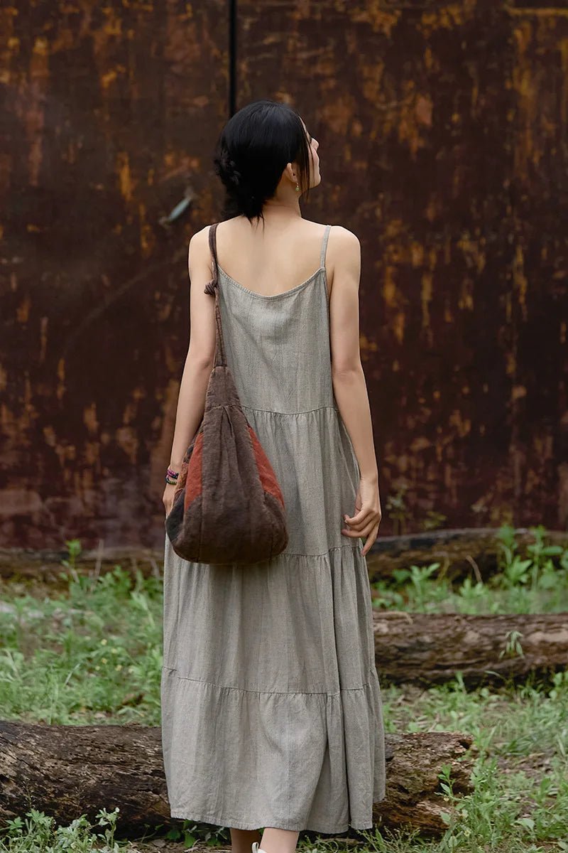 Cotton Linen Long Spaghetti Strap Dress