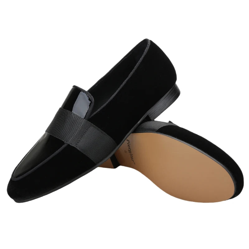 Black Velvet Patent Leather Loafers with Horizontal Band Handmade Flats for Party Formal Suits