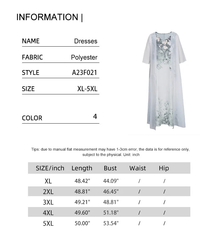 plus Size 5XL Women's Elegant Print Dress V Neck Casual Loose Long Sleeved Fashionable Temperament Autumn Clothing