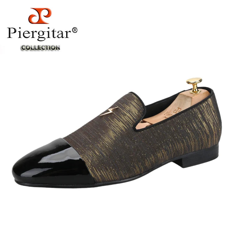 Piergitar 2023 New Three Colors Striped Silk Men's Loafers With Front Patent Leather Handmade Moccasins For Party And Banquet