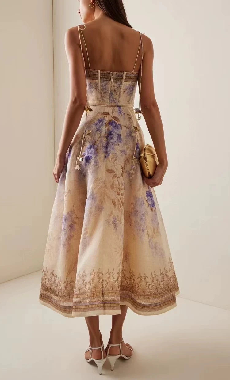 2025 New French High Quality Luxury Chic Dress Appliques Floral Print Spring Summer Strapless Women Holiday Spaghetti Midi Dress
