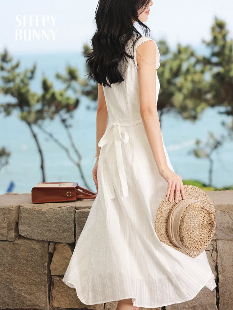 White Bow Jacquard Sundress Women Sweet Summer A-Line Dress with Tie Straps Petite Fit Flowy Midi Dress Cute Vacation Daily Wear