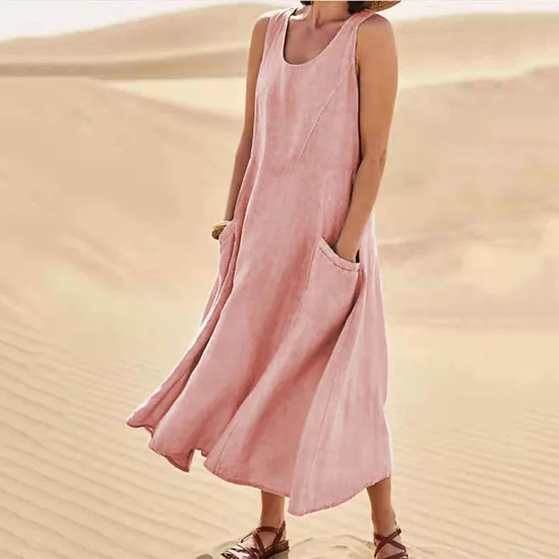 Women Linen Sundress Summer Female Sleeveless Double Big Pocket Loose Sand Beachwear Long Dress Oversized