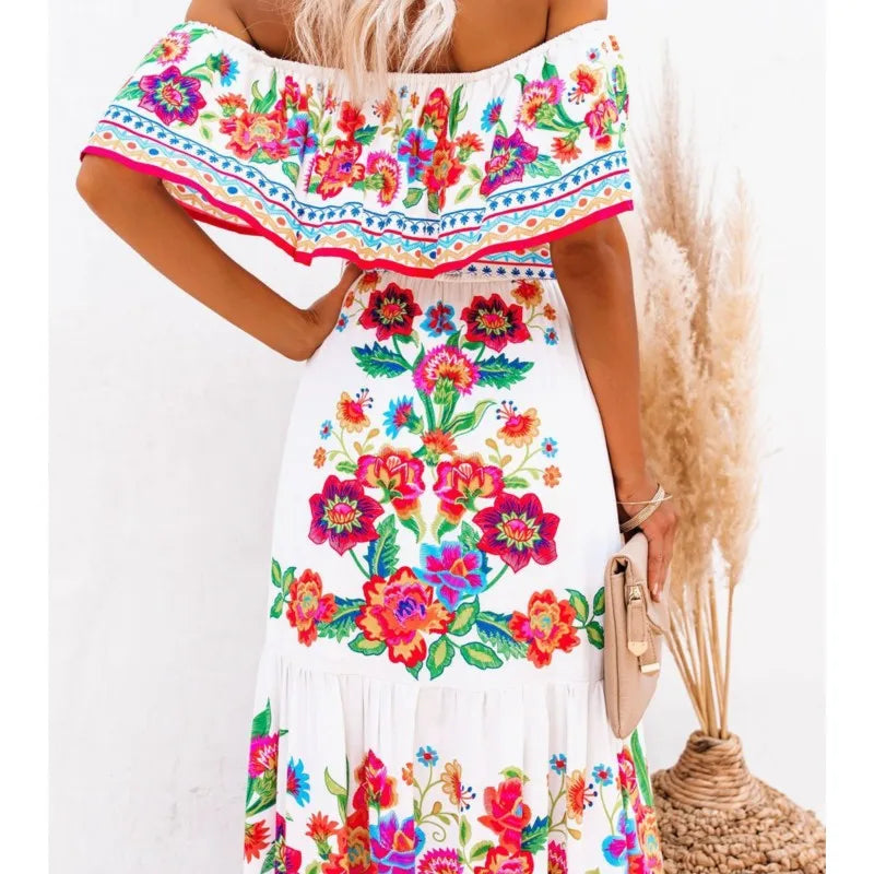 2024 Spring/Summer New Women Retro Fashion One Shoulder Red Flower Printed Waist Collection Long Style Large Swing Casual Dress