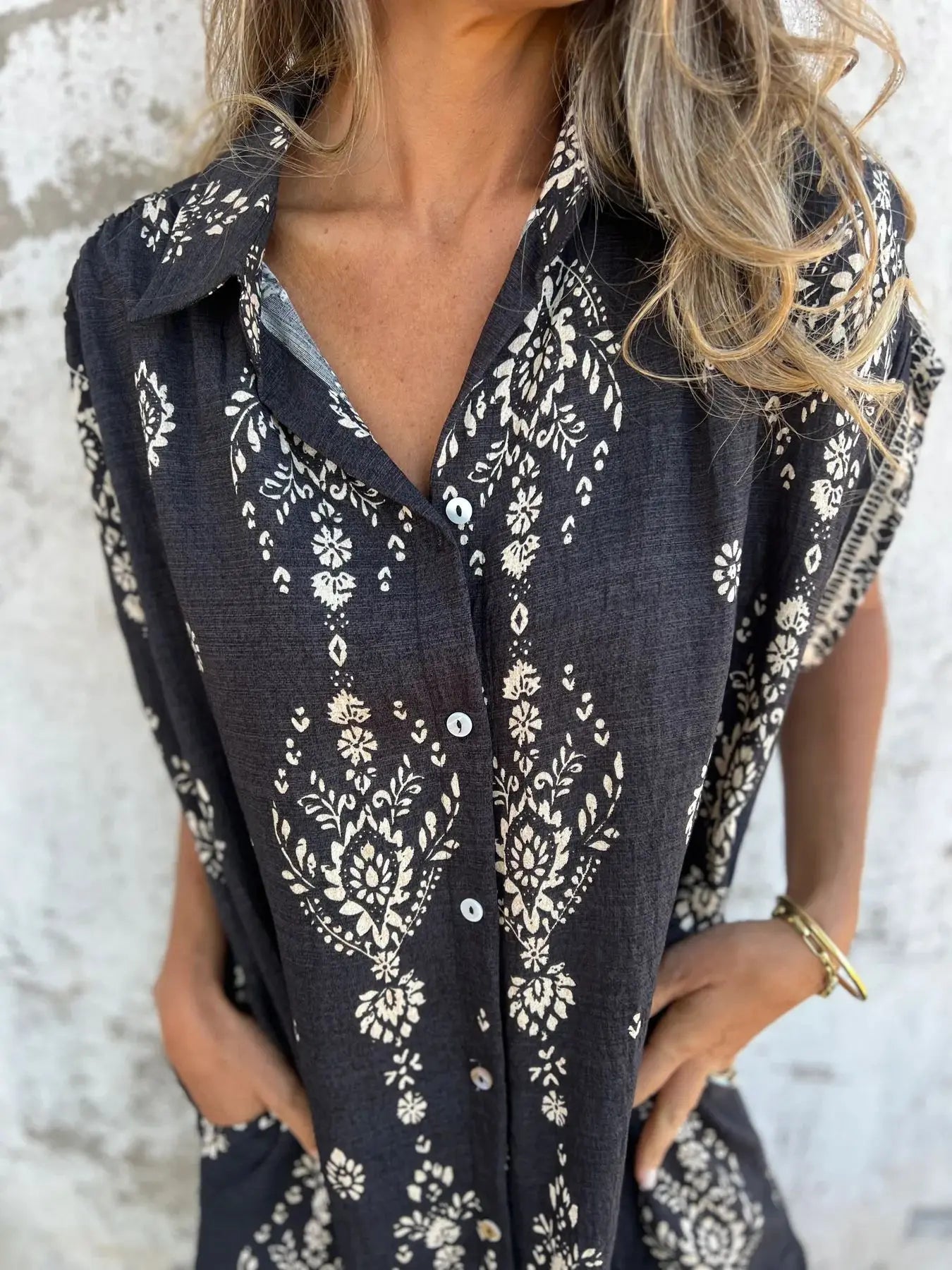 2025 New Women's Shirt Dress Loose Button Cardigan Fashion Printed Short Sleeve Pocket Cotton Linen Blend Vacation Beach Skirt