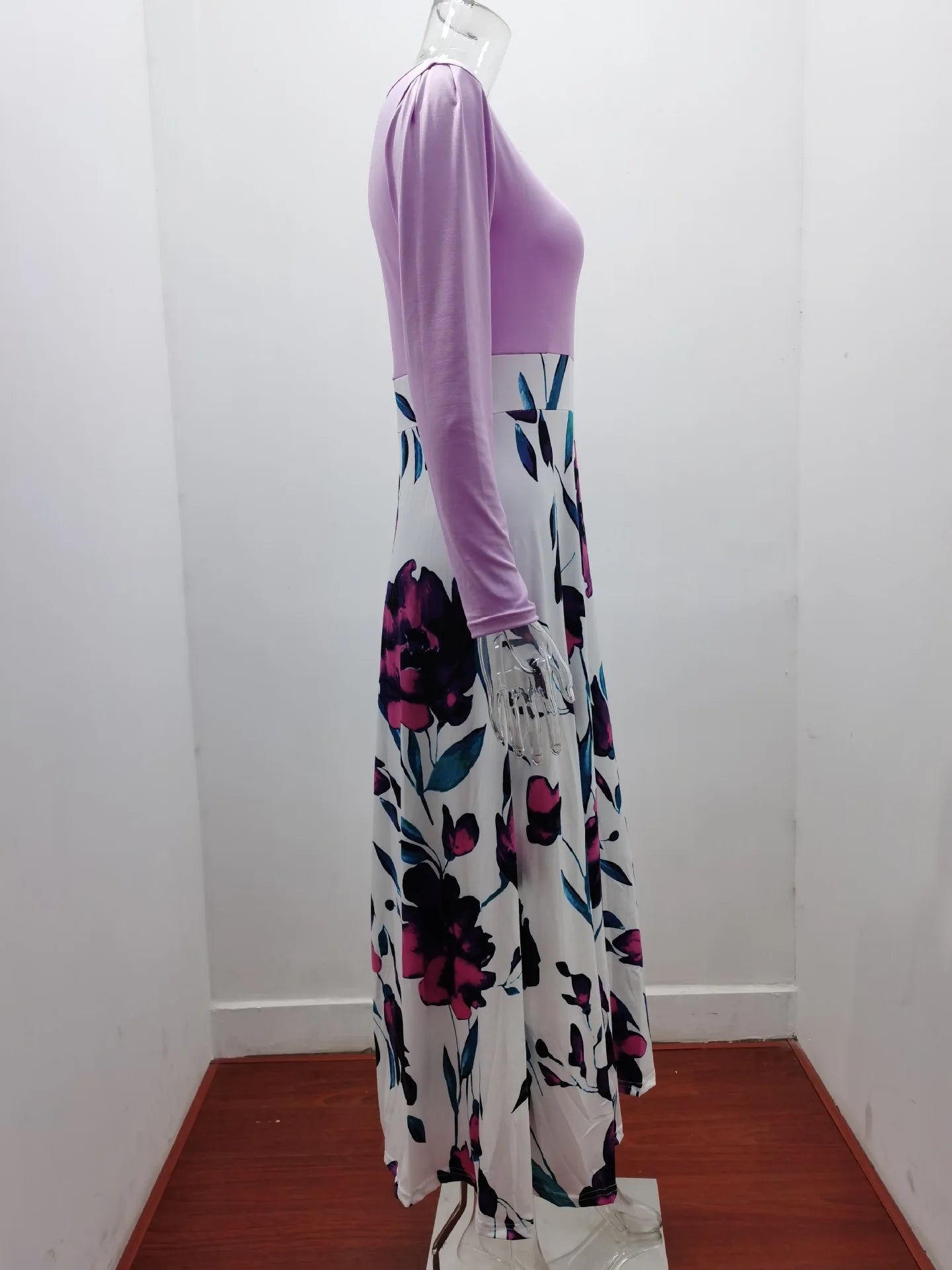 2023 European and American style floral print color matching long sleeved dress, long women's large swing skirt